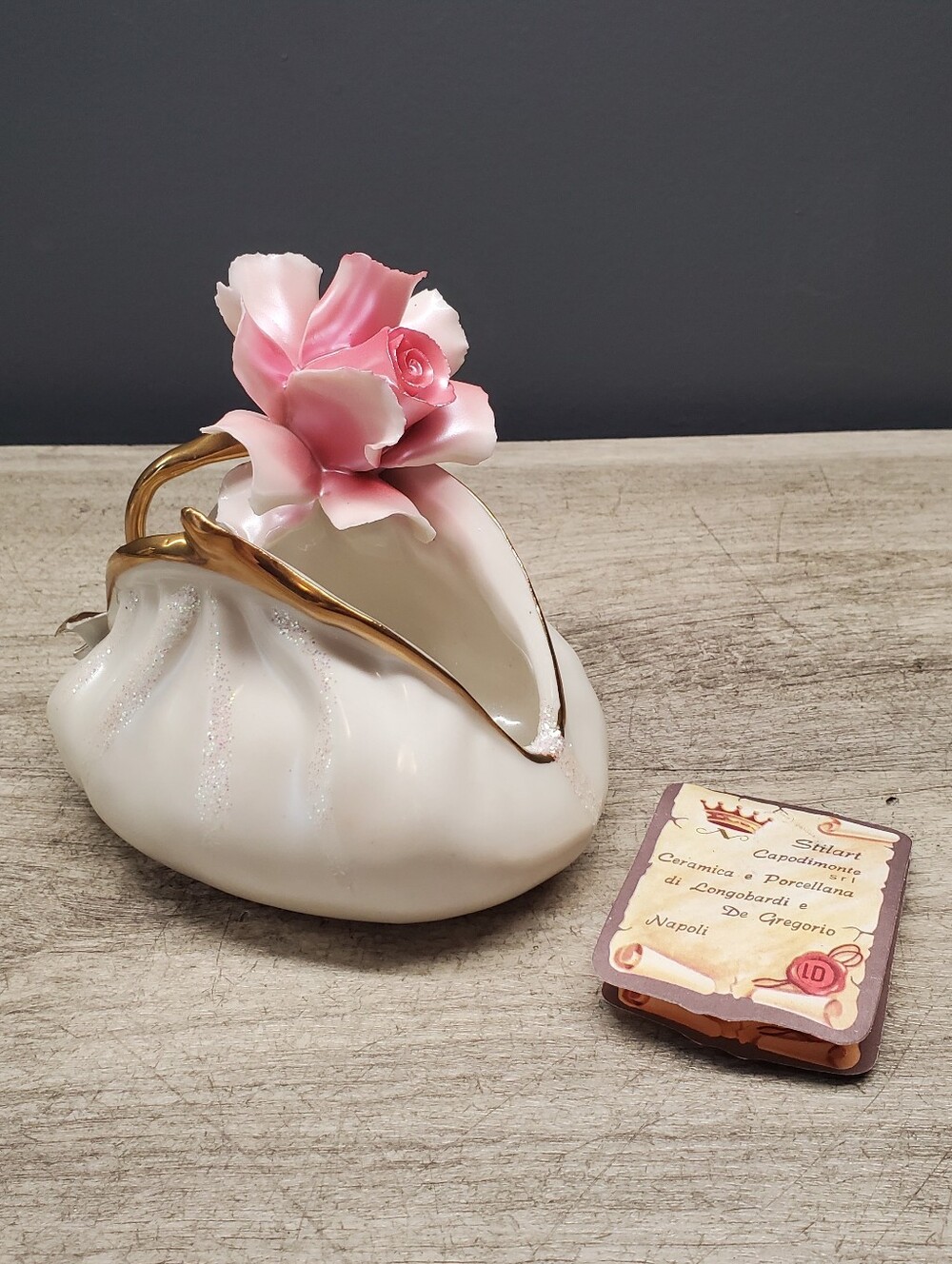 Capodimonte porcelain coin purse with rose trinket dish